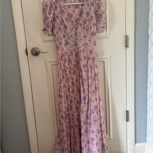LoveShackFancy Pink Floral V-Neck MIDI Dress